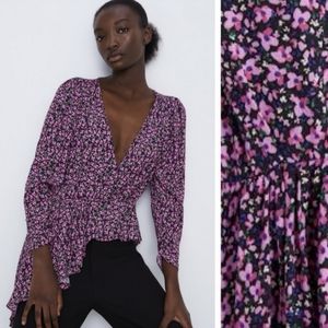 Zara V-Plunge Floral Print Zip Side Blouse